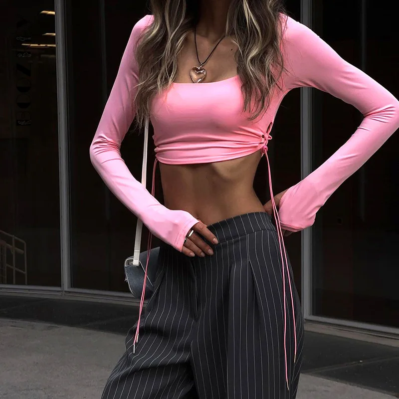 

BoozRey Sexy Solid Long Sleeve Square Collar Lace Up Tops for Women Slim Side Hollow Out T Shirts 2023 Casual Autumn Y2K Clothes