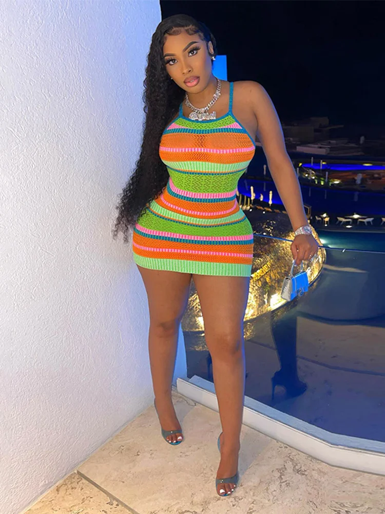 

Zoctuo женское сексуальное Сетчатое прозрачное облегающее мини-платье в полоску [Arty Club на бретелях 2022 летняя одежда уличная одежда