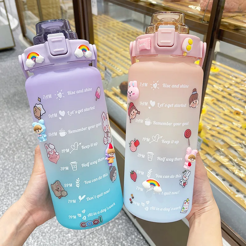 

2 Liter Water Bottle with Straw Female Girls Large Portable Travel Bottles Sports Fitness Cup Summer Cold Water with Time Scale