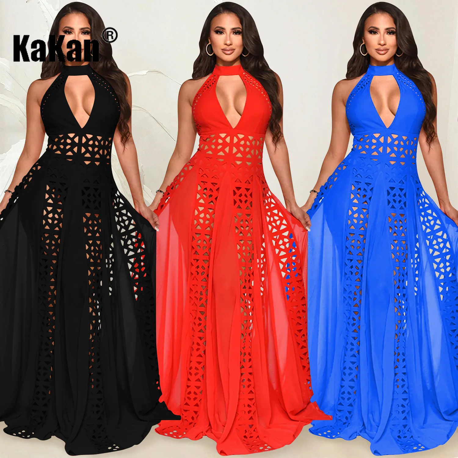 

Solid Color Sexy Women's Round Neck Sleeveless Burnt Hollow Out Large Swing Long Skirt Dress
