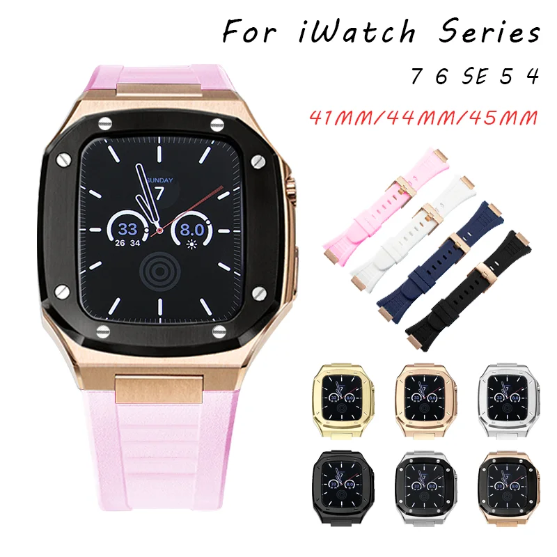 

41 45mm Rubber Strap Compatible with Apple Watch 44mm 316 Stainless Steel Case for iWatch 7 Series 6 SE 5 4 DIY Modification Set