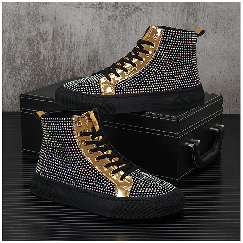 

2023 Luxury Rhinestone Men Luxury Casual Shoes hip hop high tops Flat Skateboard Shoes Chaussure Homme
