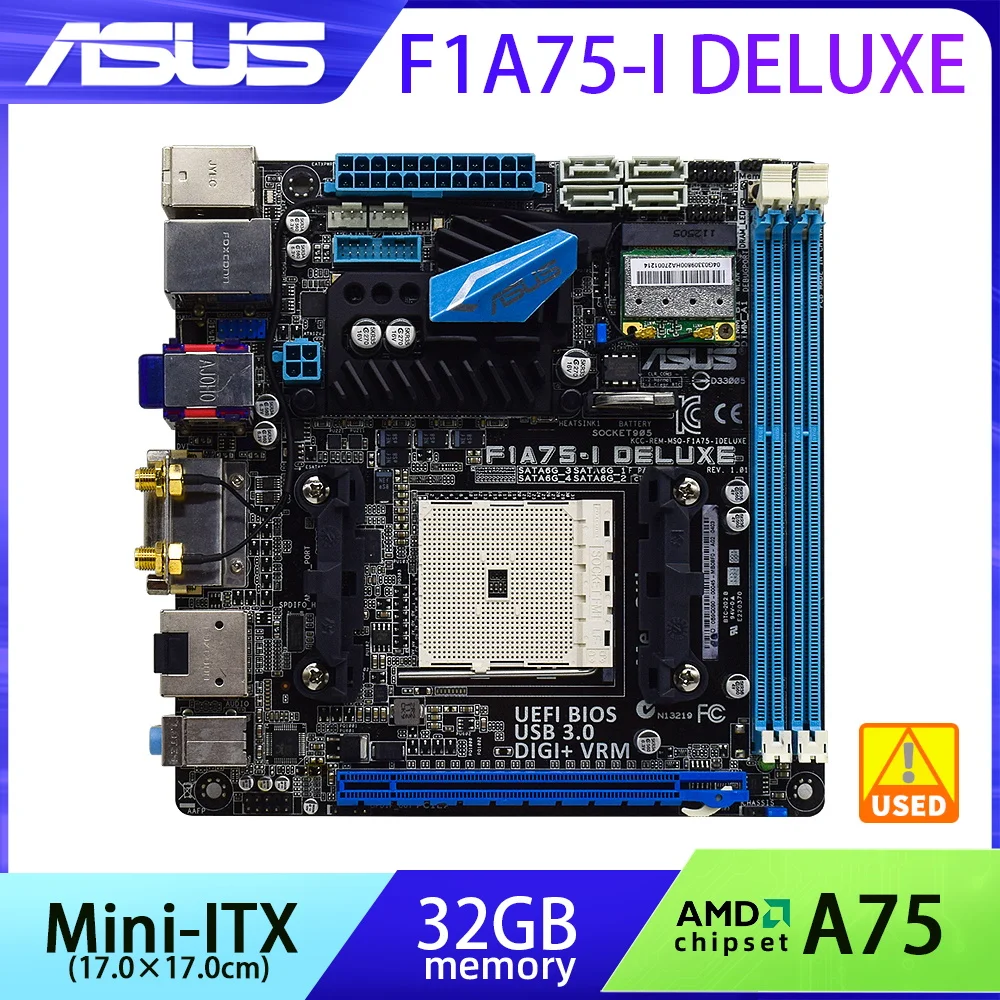 

Asus F1A75-I Deluxe использует чипсет AMD A75 FCH (EPSON D3), встроенный чип дисплея (требуется поддержка ЦПУ), розетка FM1DDR3Mini-ITX