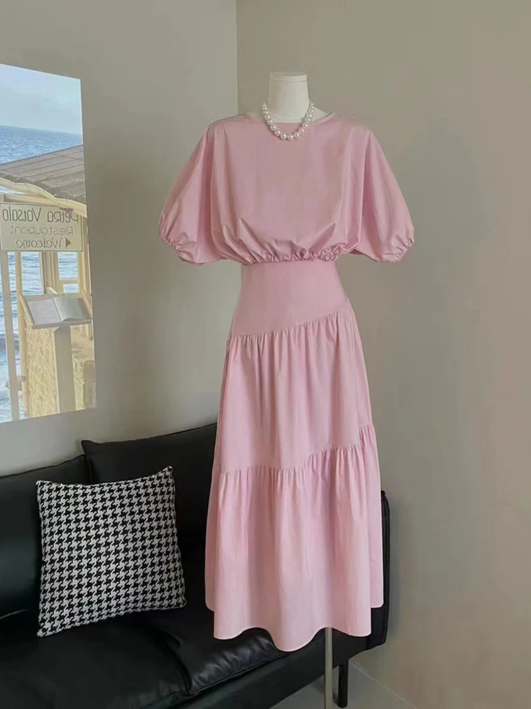 

Женская плиссированная блузка и юбка до щиколотки, Однотонная рубашка во французском ретро-стиле с круглым вырезом и пышными рукавами на завязках и юбка с высокой талией