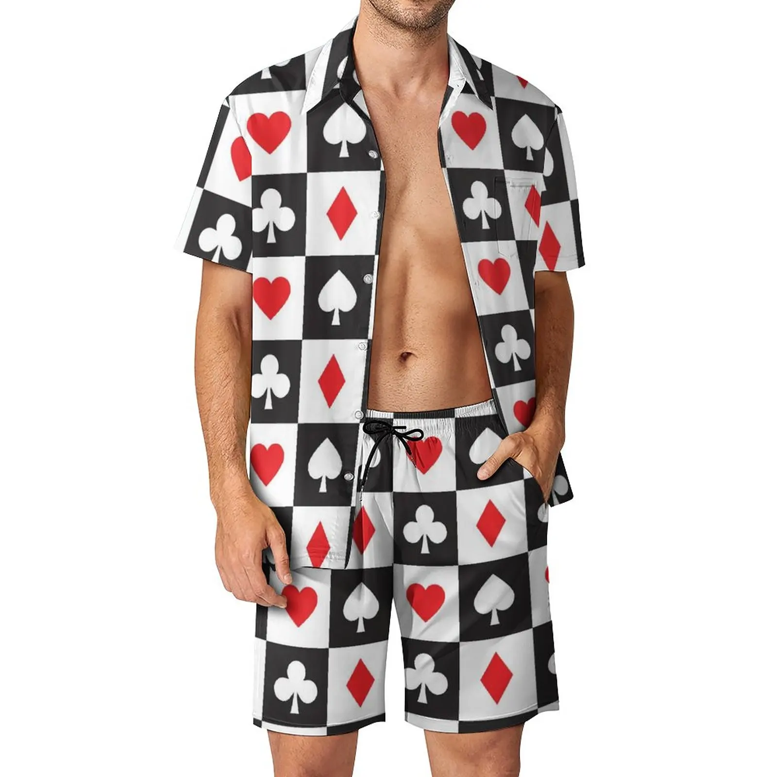 

Poker Heart Men Sets Black And White Plaid Casual Shorts Summer Aesthetic Beachwear Shirt Set Short Sleeve Graphic Oversize Suit