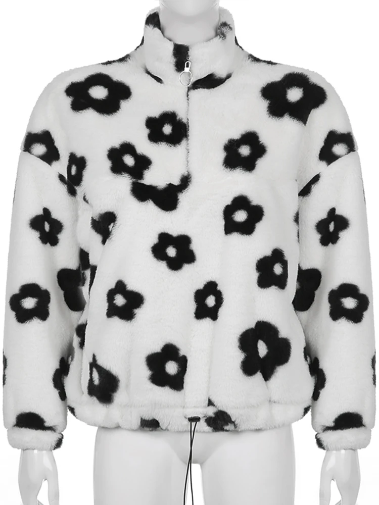 WeiYao Floral Print Pluffy Faux Fur Coats Women Zip Up Turtleneck Long Sleeve Winter Clothes Street Style Y2K Fashion Pullover