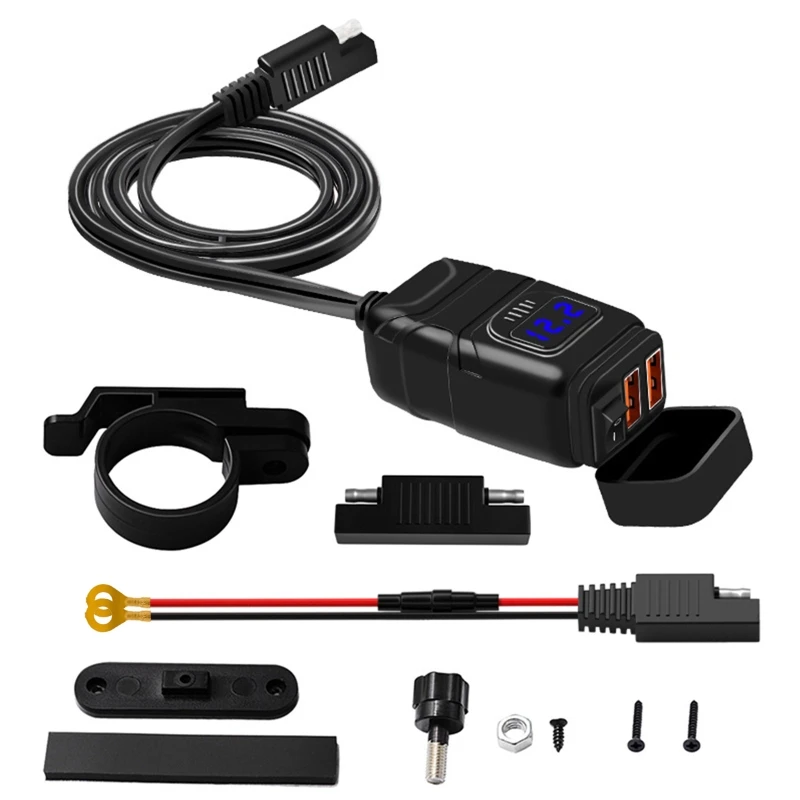 

QC3.0 Dual USB Car Motorcycle Charger Adapter Super Fast Charging with Switch Voltage Meter Display 5V3.4A/9V2.5A /12V2A E8BC