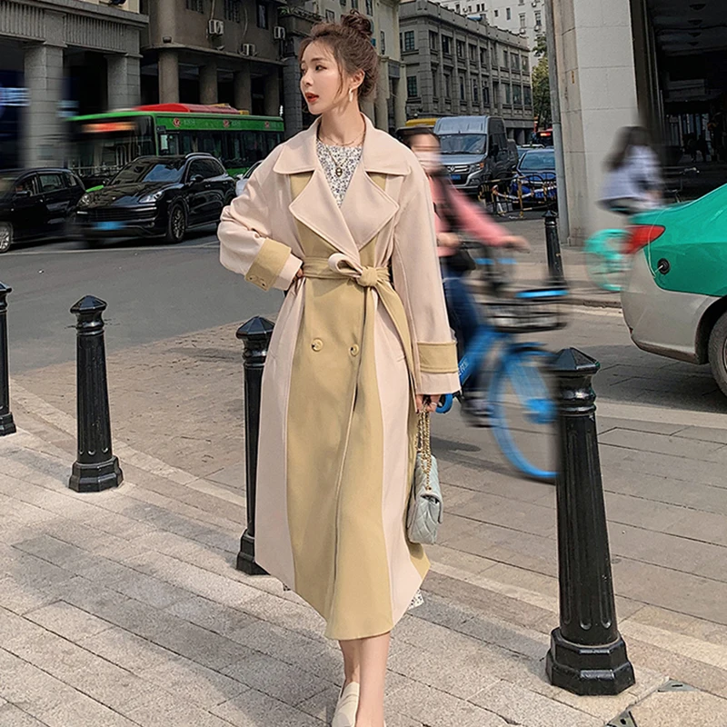 

Women's Contrast Color Stitching Long Korean Windbreaker Coat Design Sense Of Advanced Spring Autumn New Style British Jacket J5