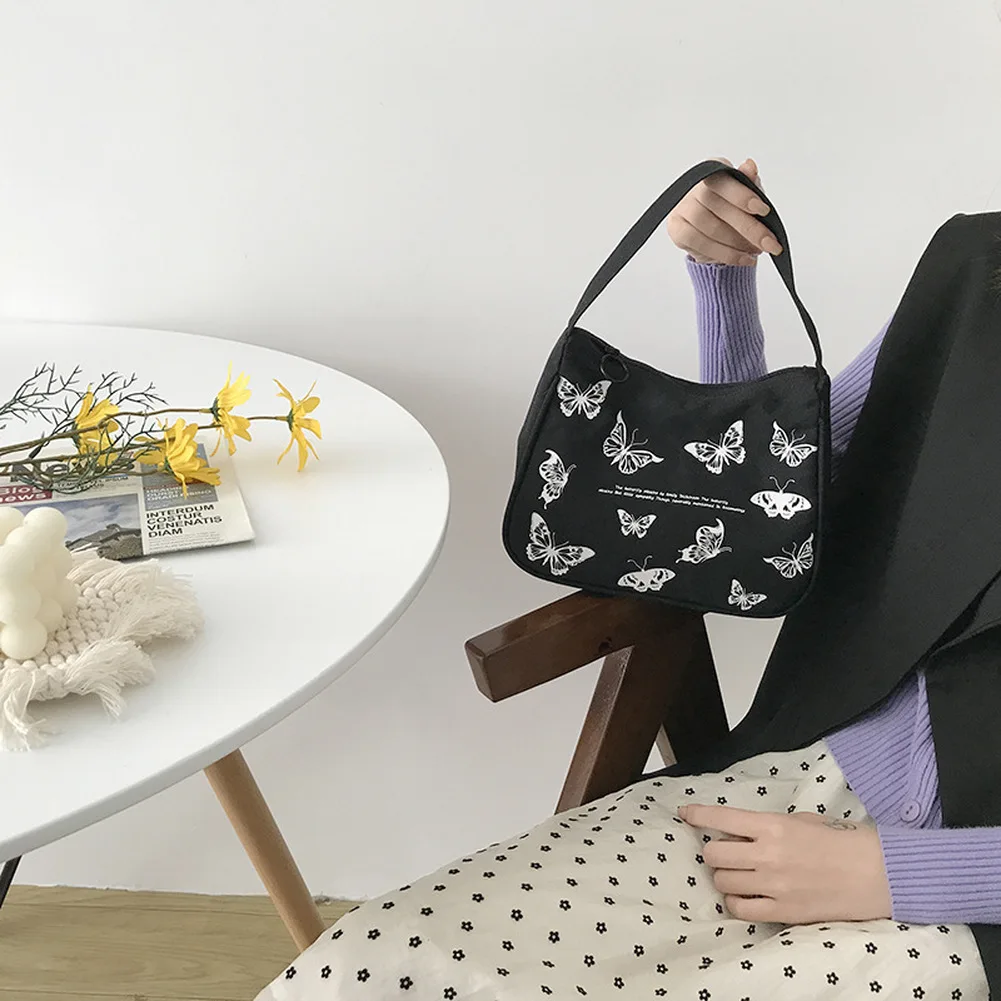 Spring Women Small Handbag Butterfly Print Canvas Tote Ladies' Fashion Underarm Bag Zipper Half Moon Bags Cotton Cloth Purse | Багаж и