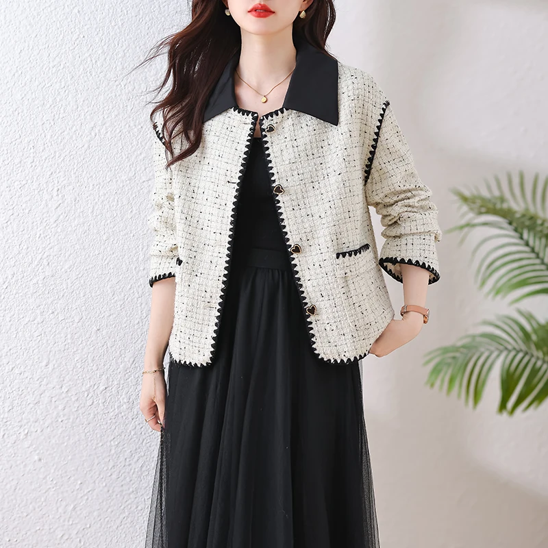 

Vintage Woolen Jackets Korean Elegant Tweed Coats Autunn O Neck Slim Casual Office Lady Single Breasted Hit Color Outerwear