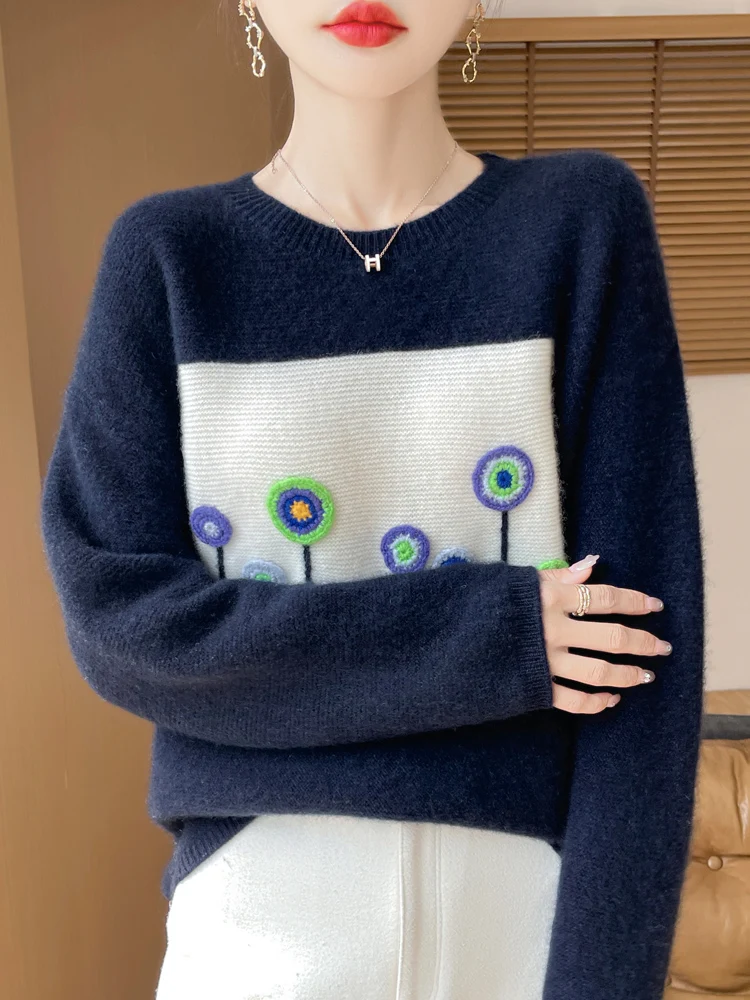 Осень и зима новый свитер из 100% шерсти женский вязаный топ с круглым вырезом