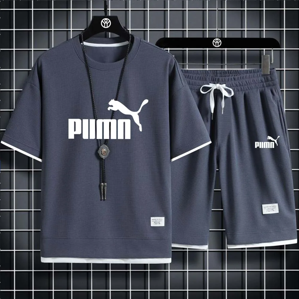 Summer popular men's T-shirt+shorts suit men's sports suit brand LOGO printing casual fashion cotton short-sleeved T-shirt set