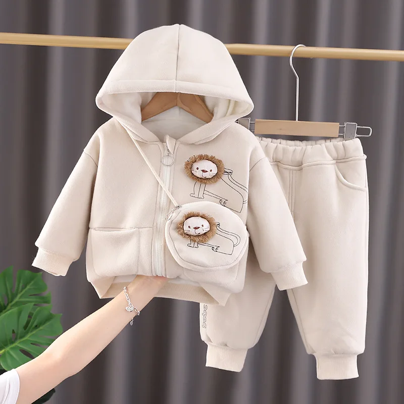 

2022 Autumn Winter Baby 3pcs Suits Children Boy Girl Plush Thicken Clothing Sets Toddler Cute Lion Hooded Jacket+Pants+Satchel