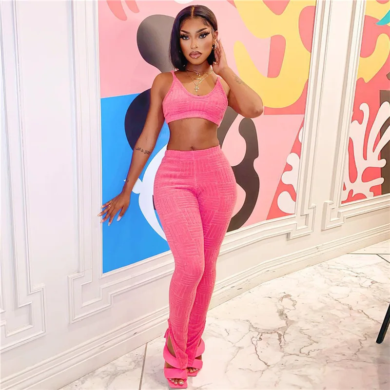 

Women 2022 Sexy 2 Piece Pants Set Women Club Outfits Pink Split Leggings and Crop Top Summer Matching Sets for