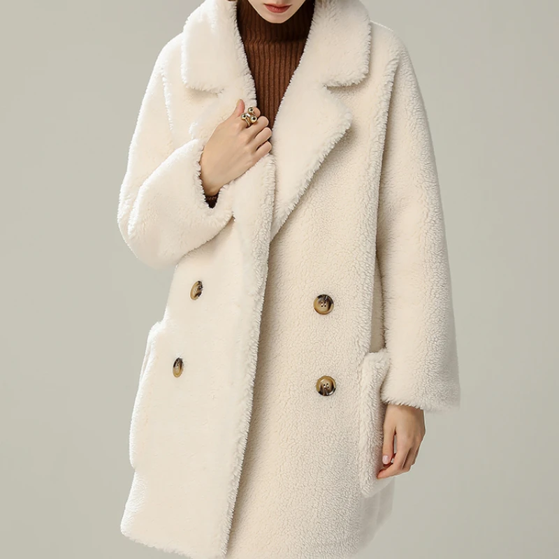 Fashion Winter Sheep Shearing Jacket White Warm Wool Fur Coat Women Korean Fur Jackets Female Tops Casual Mid-length Fur Coat Zm