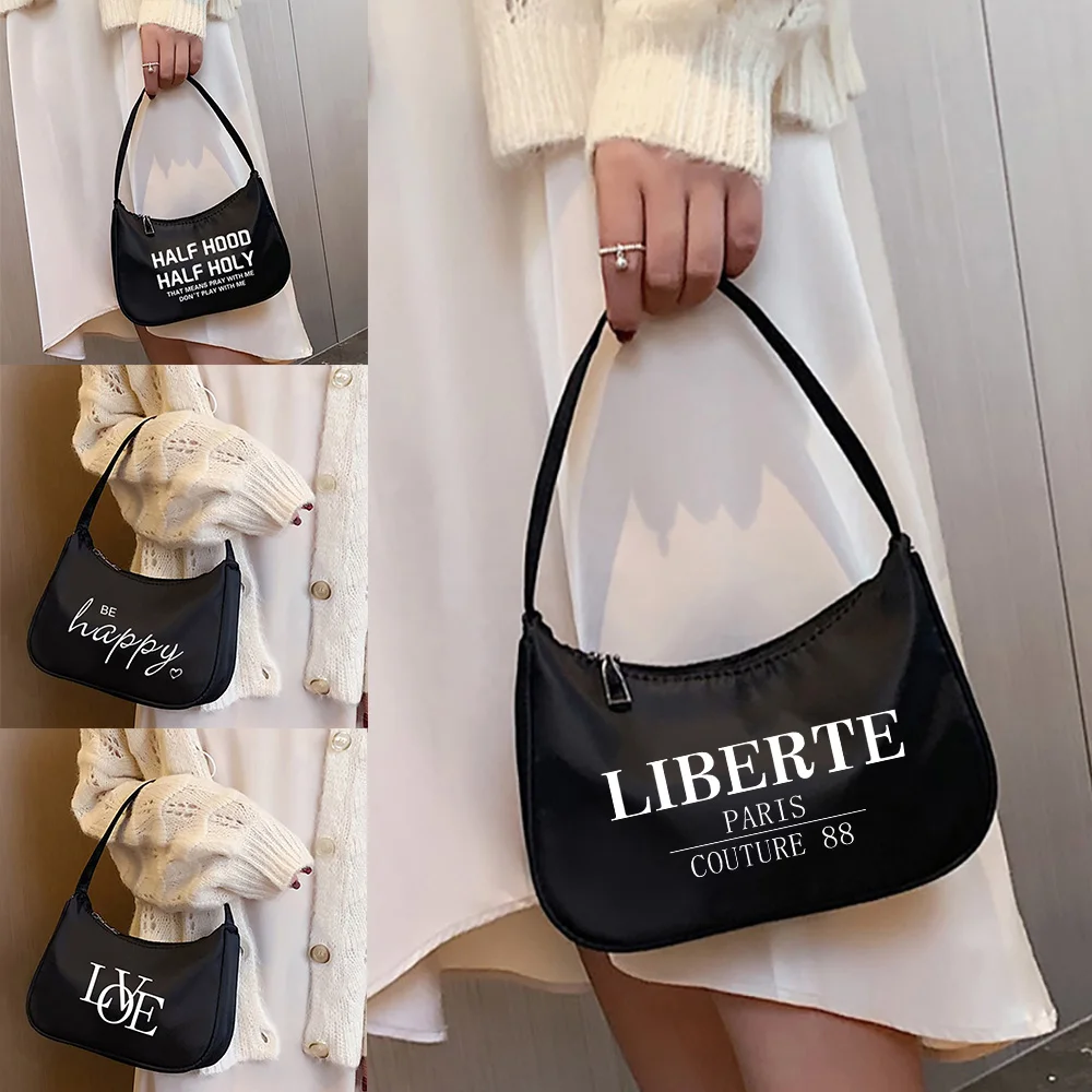 

French Fashion Boutique Personality Woman Bag Commuter Shoulder Bag Handbag Text Pattern Printing Underarm Bag Black Student Bag