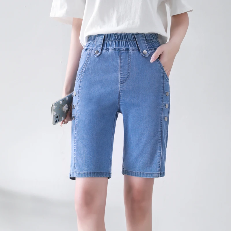 

Женские джинсовые шорты S-4XL Fashion, летние свободные джинсовые шорты с эластичным поясом и пятью точками, прямые облегающие шорты Kenn