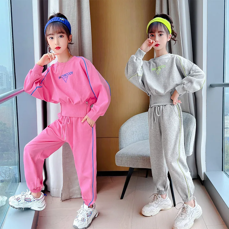

New Children's Cute Sportswear Suit Girls 2022 Spring Autumn Cotton Elegant Two-piece Set teen Kids Street Dance Tracksuit