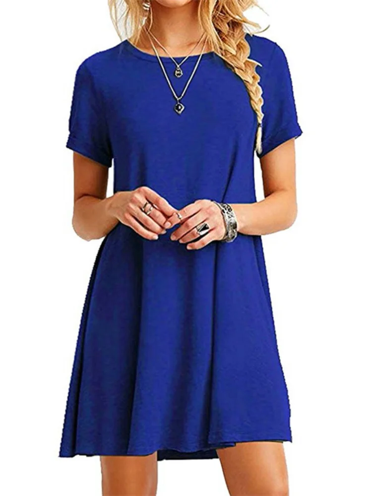 

Short Sleeve Pleated Swing Round Neck Solid Color Loose Dress Women Casual Mini Beach Dress Vestidos