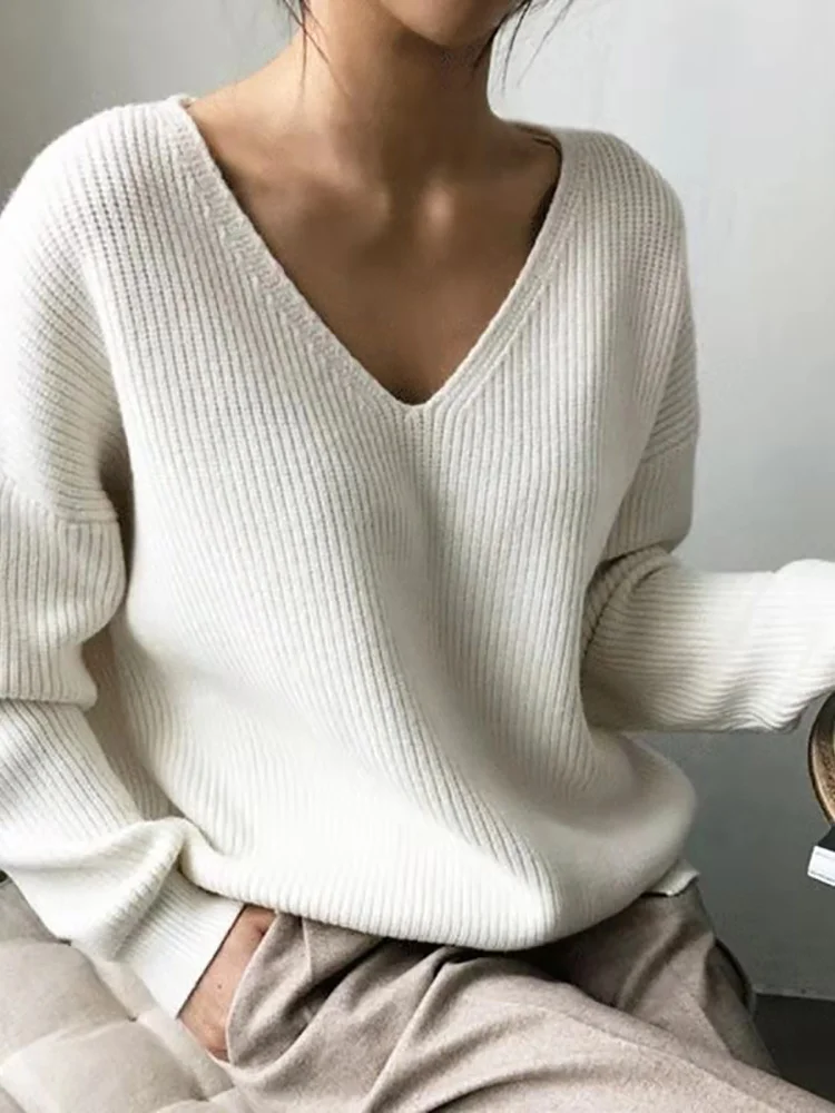 

HELIAR Women Sweaters V-Neck Solid Pullovers Knitted Tops Long Sleeve Fleece Jumpers Soft Warm Casual Sweater Women Winter