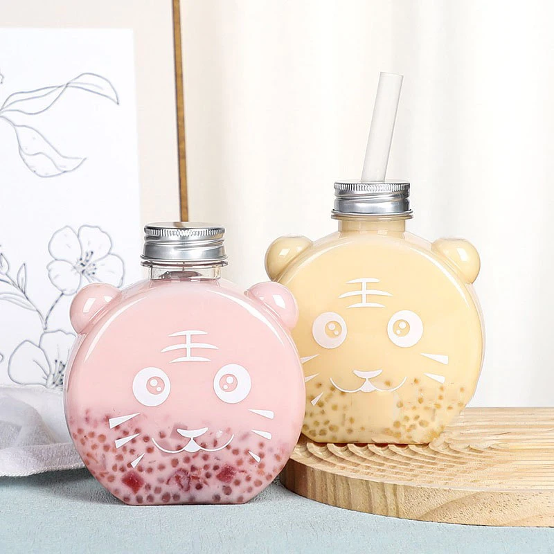 Beverage Pet Water Bottle Bear Tiger Bottles Disposable Takeaway Coffee Bottles With Lids