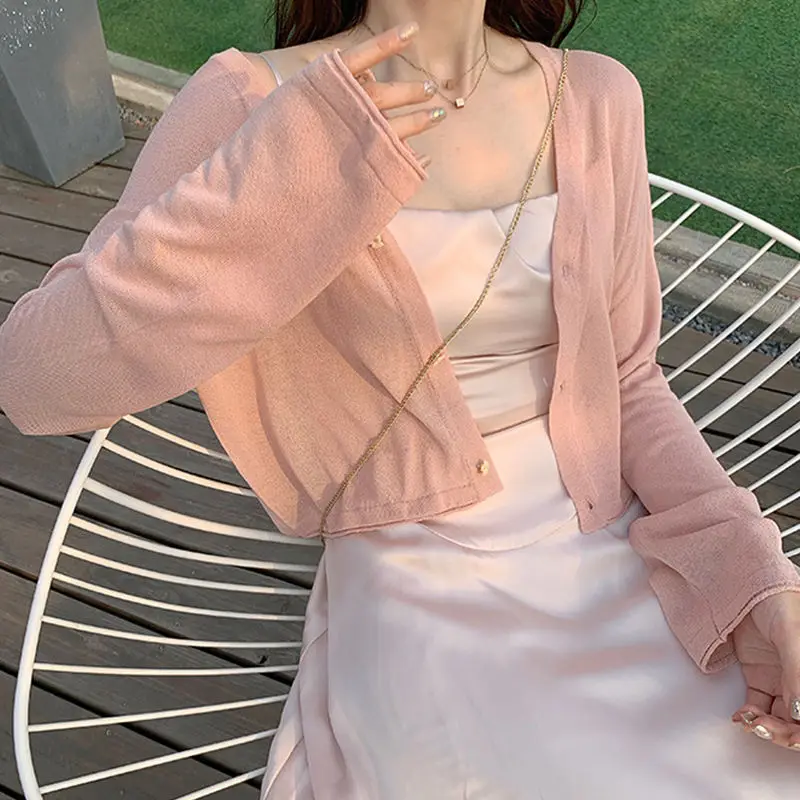 Giacca lavorata a maglia moda rosa estate E ragazza manica intera con scollo a v sottile Cardigan corto nuovo dolce carino solido donne magliette 2021