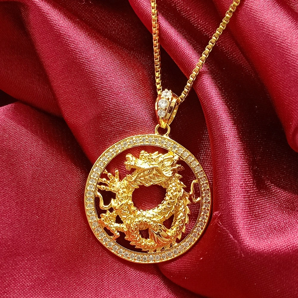 

Circle Dragon Pendant Chain Women Men Ethnic Jewelry Yellow Gold Filled Classic Gift