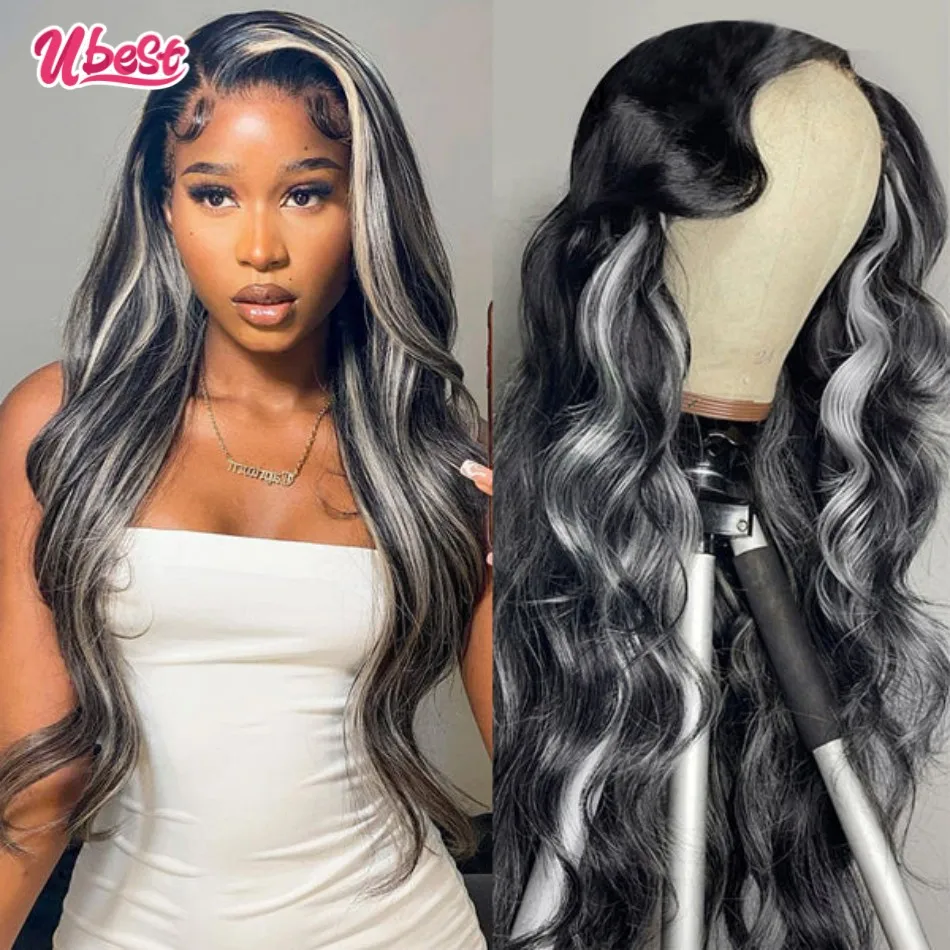 Ubest HD Grey Highlights 13X6 Body Wave Lace Front Wig 30Inch Brazlian Human Hair Wig Piano Colored Transparent Lace Frontal Wig