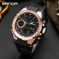 sanda fashion rose gold case mens watches sports chronograph hd dual display quartz watch water resistant luminous reloj hombre
