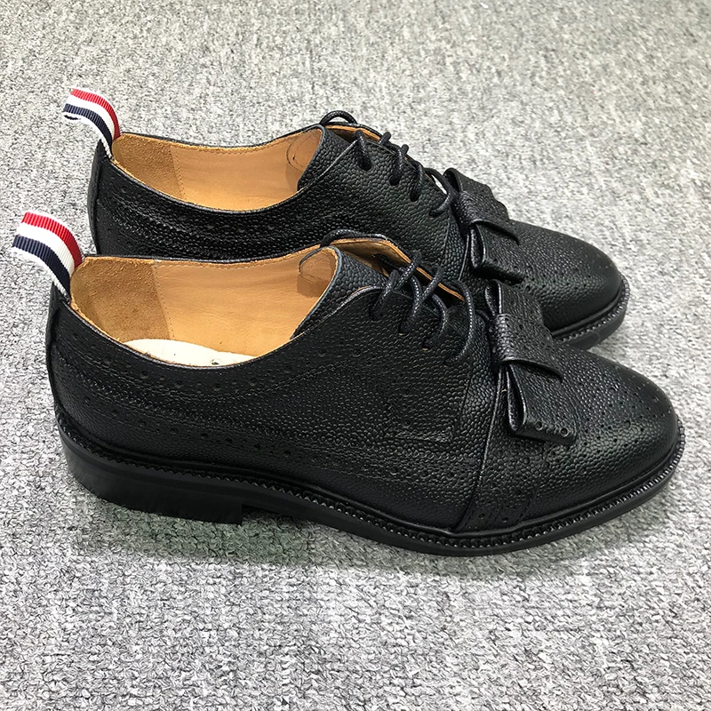 TB THOM Shoes Butterfly-knot Brogue Sneakers Black Pebble Grain Women's Classic Retro Longwing Lace-Up Oxford Leahter TB Shoes