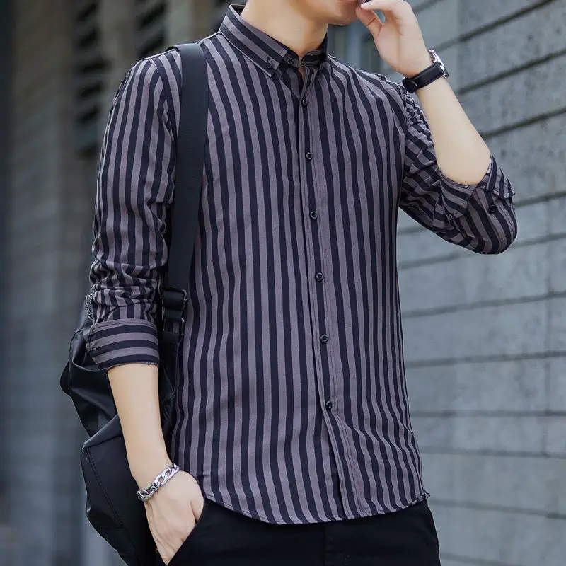 Vintage Fashion Man Turn-down Collar Slim Long Sleeved Single Breasted Top Casual Shirts Striped Four Seasons Men's Clothing
