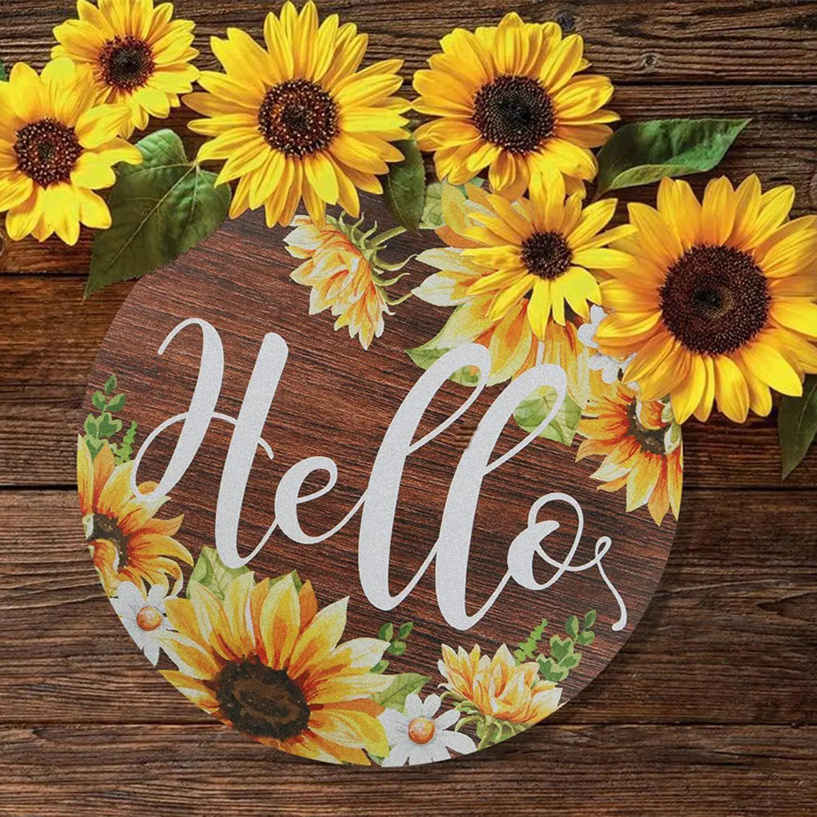 

Home Welcome Round Hanging Ornament Hello Wreath Wooden Signs Door Decor Artificial Flower Garland Garden DIY Decoration