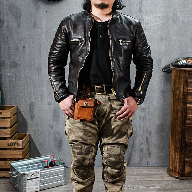 

Men's real leather jacket stand-up collar motorcycle coat