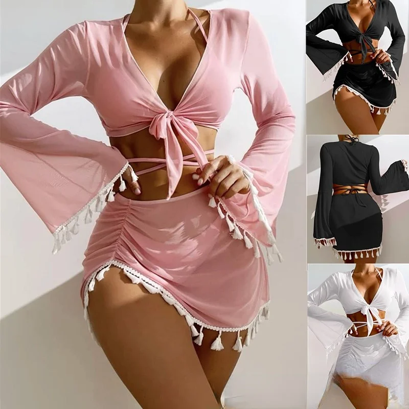 

Summer Four-piece Swimsuit Sexy Split Tassels Bathing Suit Women Bikinis 2023 Mujer Bikini Set Swimwear Biquini Female Beachwear