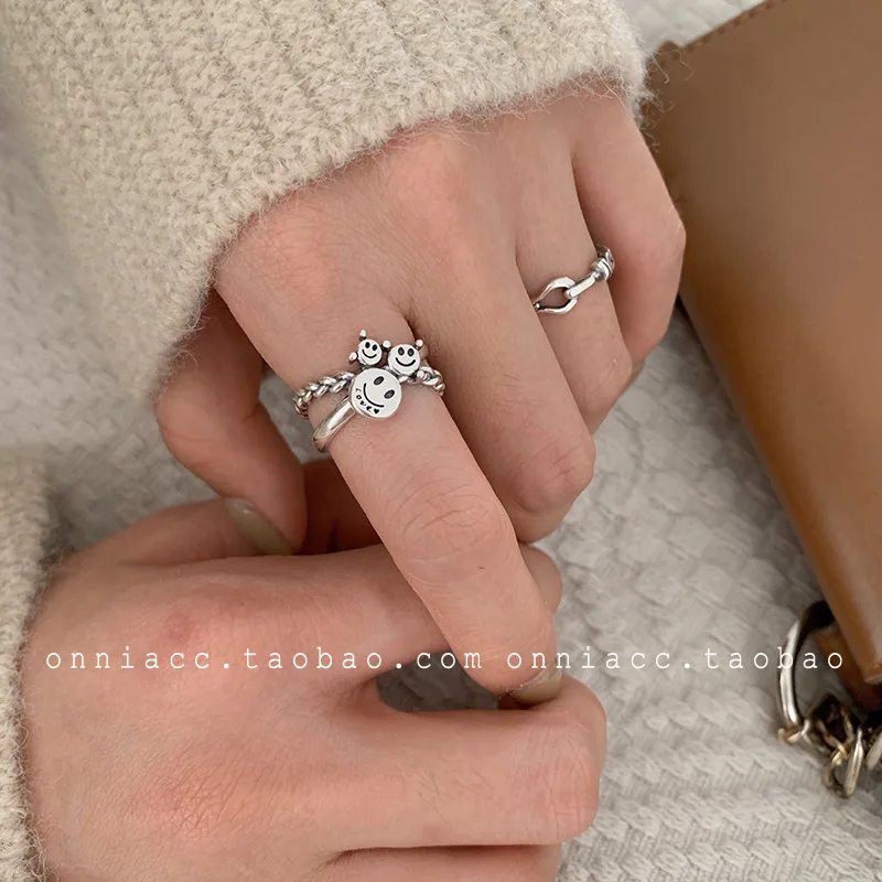 

925 Sterling Silver Fashion Retro Smiley Chain Cross Temperament Women's Ring Jewelry Wedding Birthday Gift
