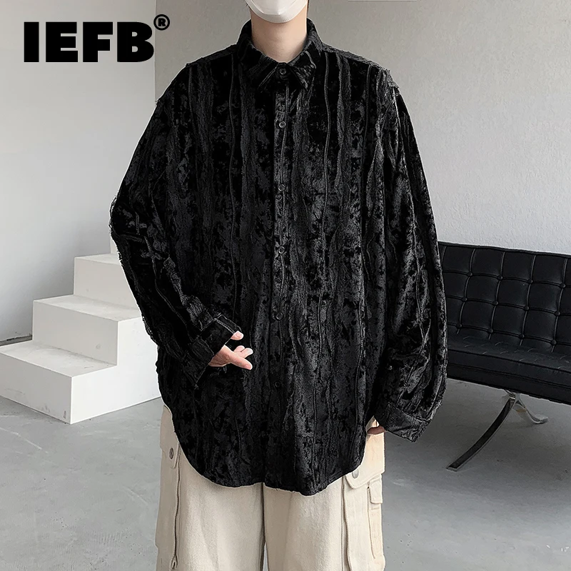 

Новинка весны, стильная бархатная рубашка IEFB с галстуком и кружевом, мужские однотонные рубашки с длинным рукавом и отложным воротником, трендовые рубашки в темноте, модель 9A7492