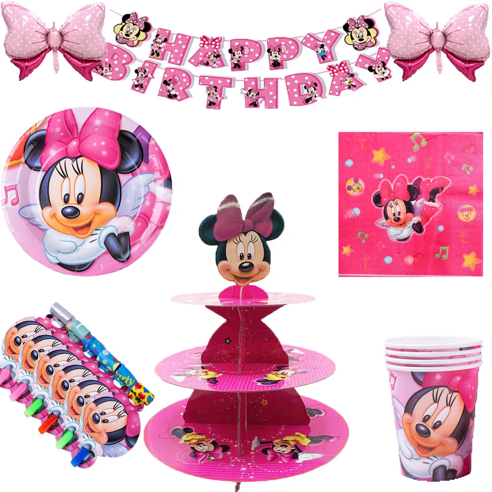 

Minnie Mouse Girls Birthday Party Decorations Kids Disposable Tableware Paper Plate Cup Tablecloth Balloon Party Supplies