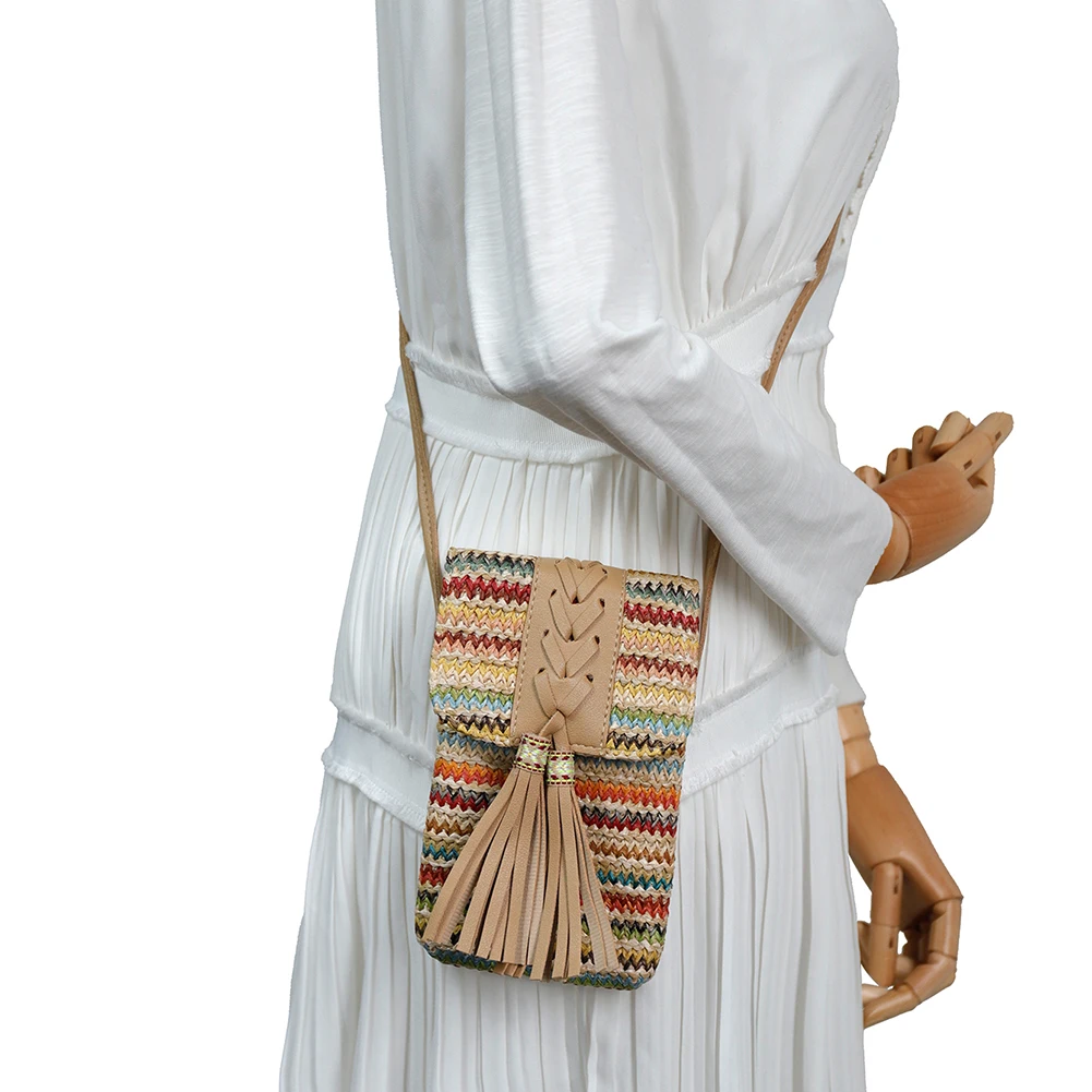 

Women Straw Mini Shoulder Mobile Phone Bag Ethnic Style Handmade Woven Tassel Crossbody Bags Ladies Girl Messenger Phone Holder
