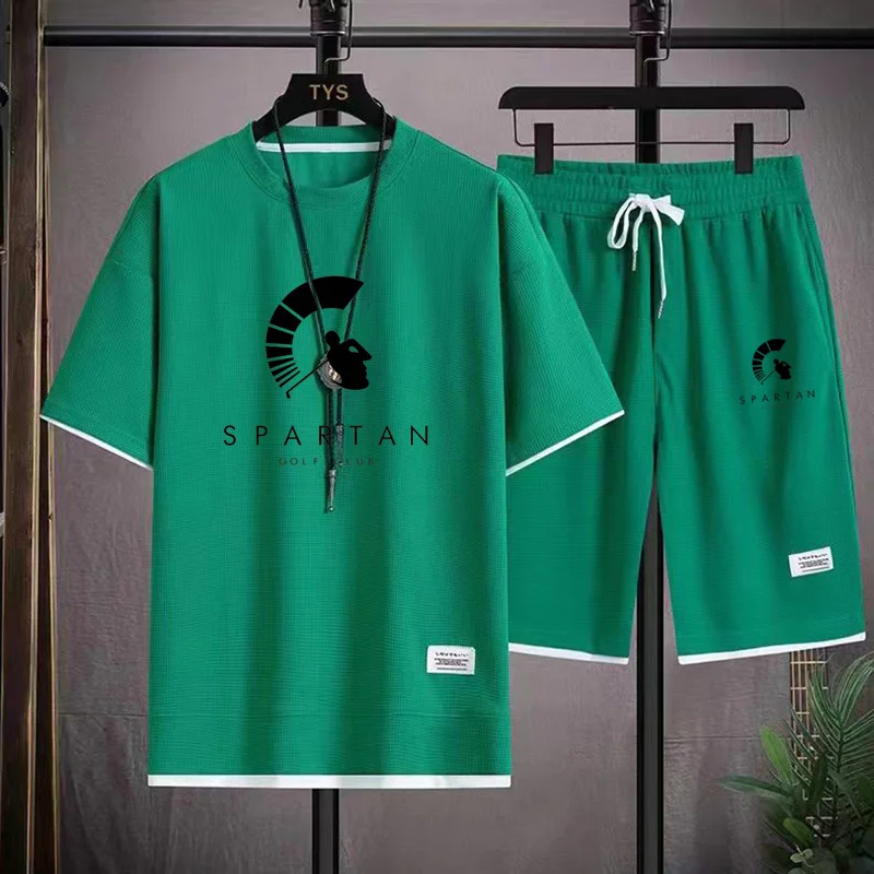 Spartangolfclub Summer Men's 2-Piece Top +Shorts Sportswear Fashion Printing Loose Harajuku Style Street Apparel Casual Golf Set