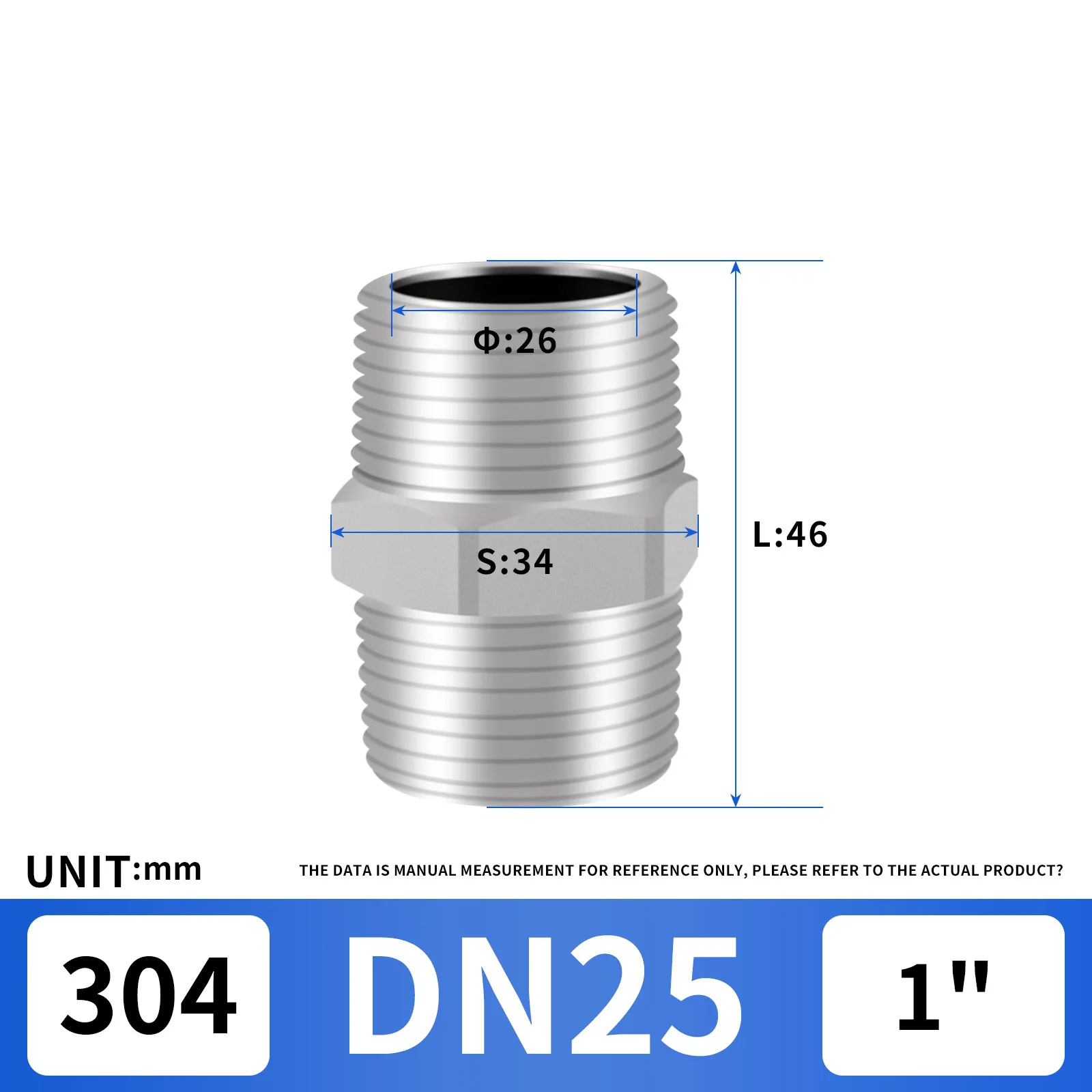 Шестигранный ниппель для наружной трубы 1 дюйм, 1-1/4 дюйма, 1-1/2 дюйма, фитинг из нержавеющей стали 304 (1 шт.)