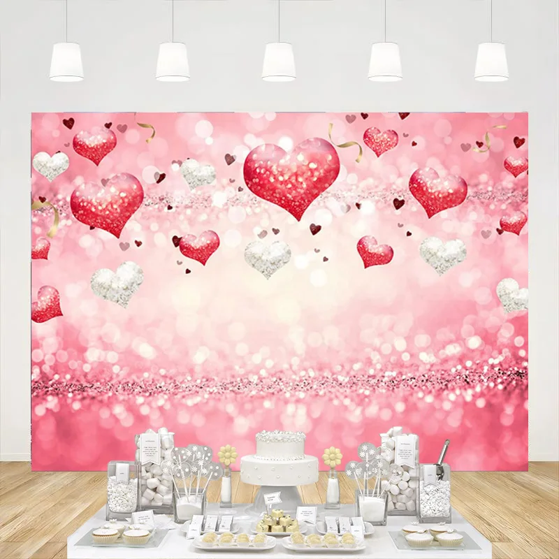 

Valentine's Day Backdrop Pink Love Heart Glitter Photography Background Wed Baby Bridal Shower Birthday Party Banner Studio Prop