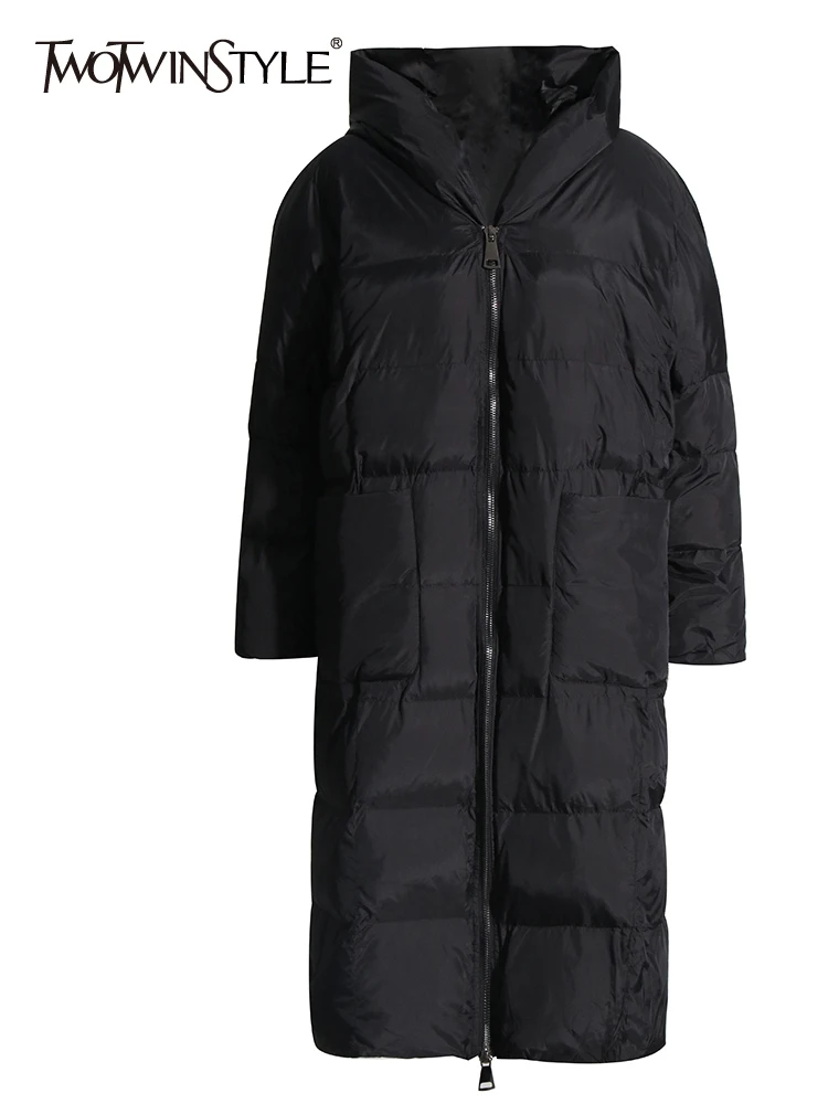 

TWOTWINSTYLE Black Loose Down Jacket Female Winter 2022 Hooded Collar Long Sleeve Solid Minimalist Coat For Women 2022 Clothing