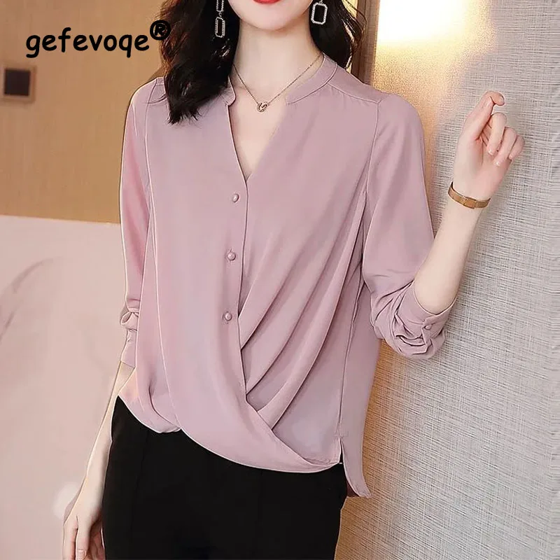 

2023 New Lady Summer Loose Casual Solid Color V-neck Tops Women Comfortable Fashion Single Breasted Refreshing Chiffon Shirt