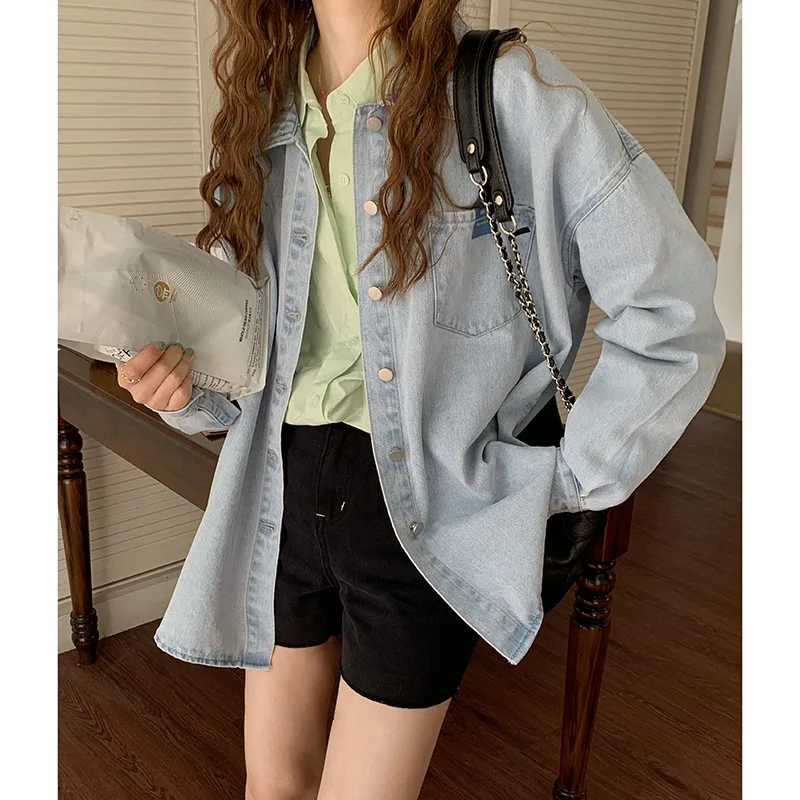 

2022 Women Spring Denim Blouses Turn Down Collar Thin Denim Shirt For Women Tops Casaco Abrigo Streetwear