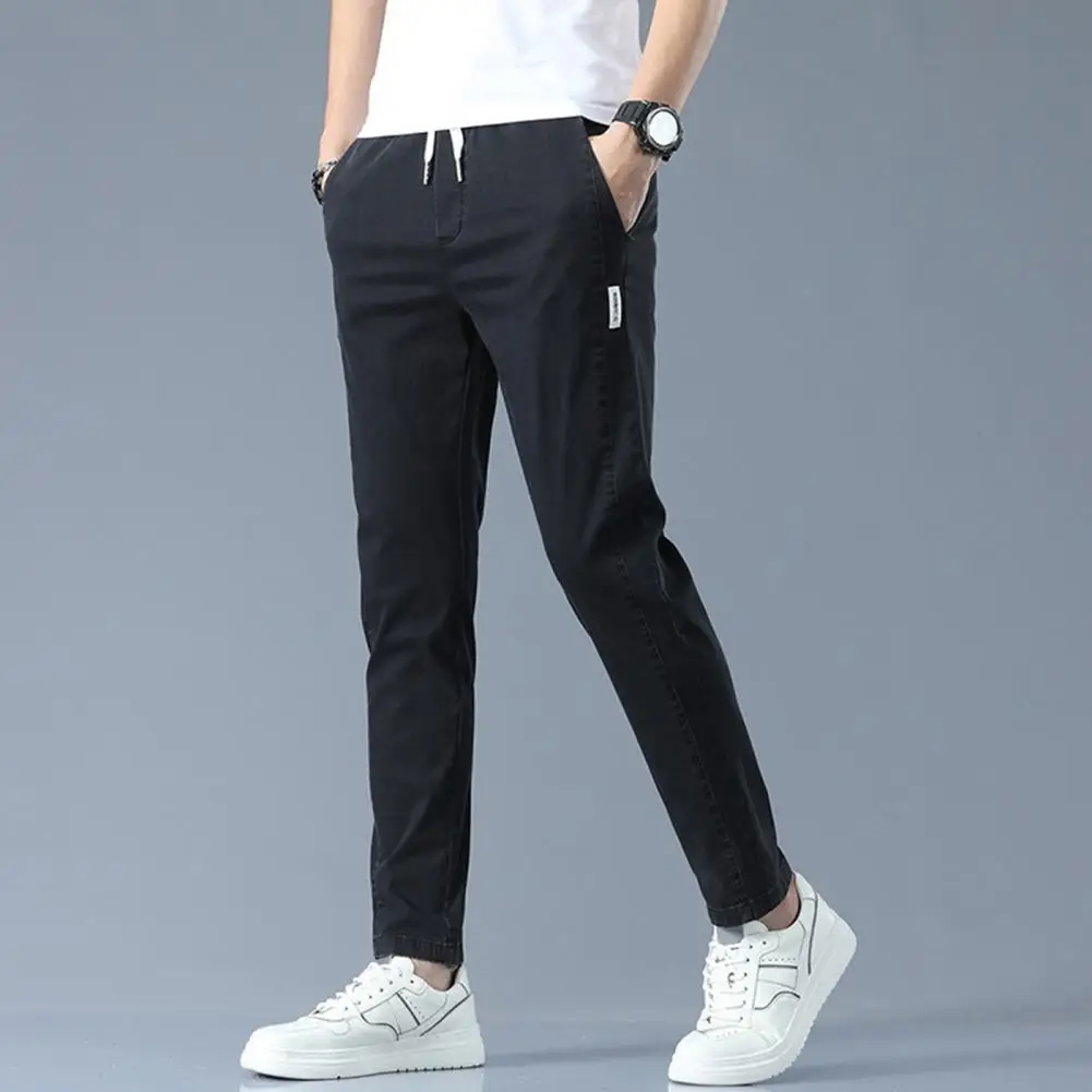 

Imitation Jeans Long Pants Slim Fit Men's Streetwear Trousers Elastic Waistband Drawstring Slant Pockets Stylish for Casual