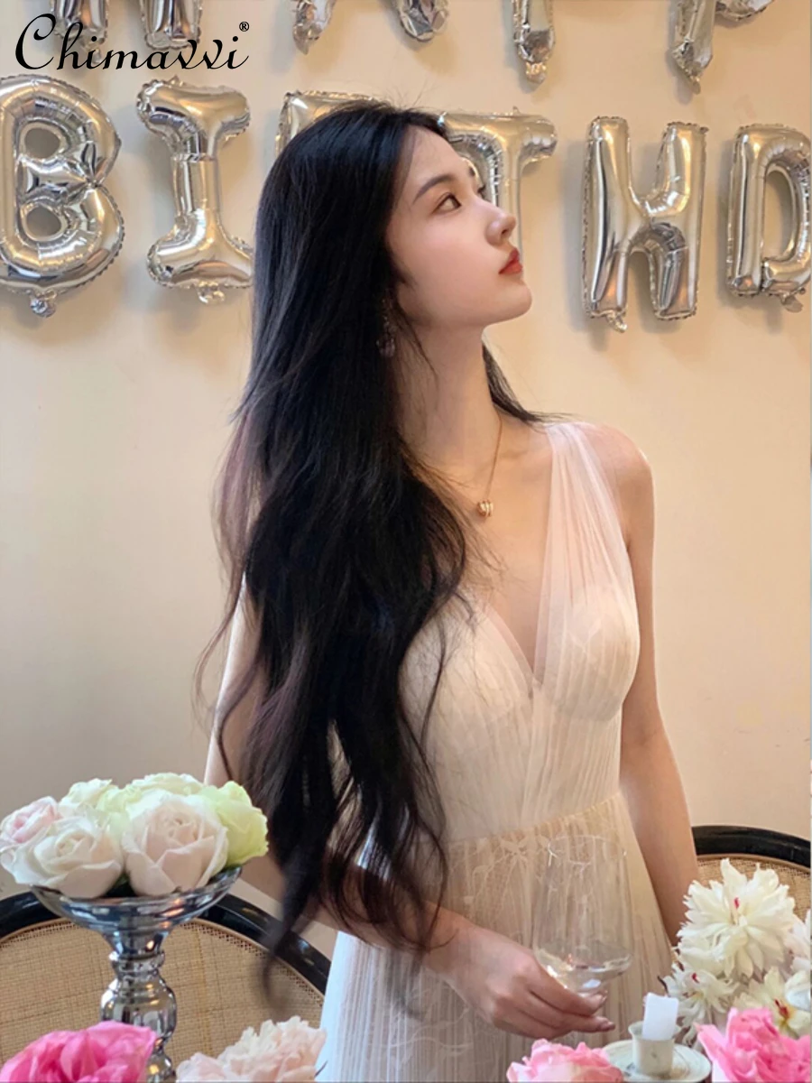 

Women's 2022 Summer New Fashion Waist Slimming High-Grade Suspender Dress Ladies Gentle Sexy Solid Versailles Floor-length Dress