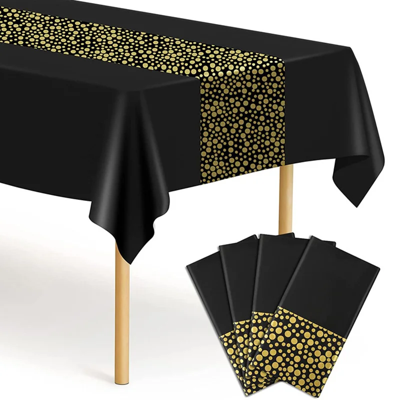

137*274cm Black Gold Disposable Party Tablecloth With Gold Printing Polka Dot Rectangular Plastic Tablecloth