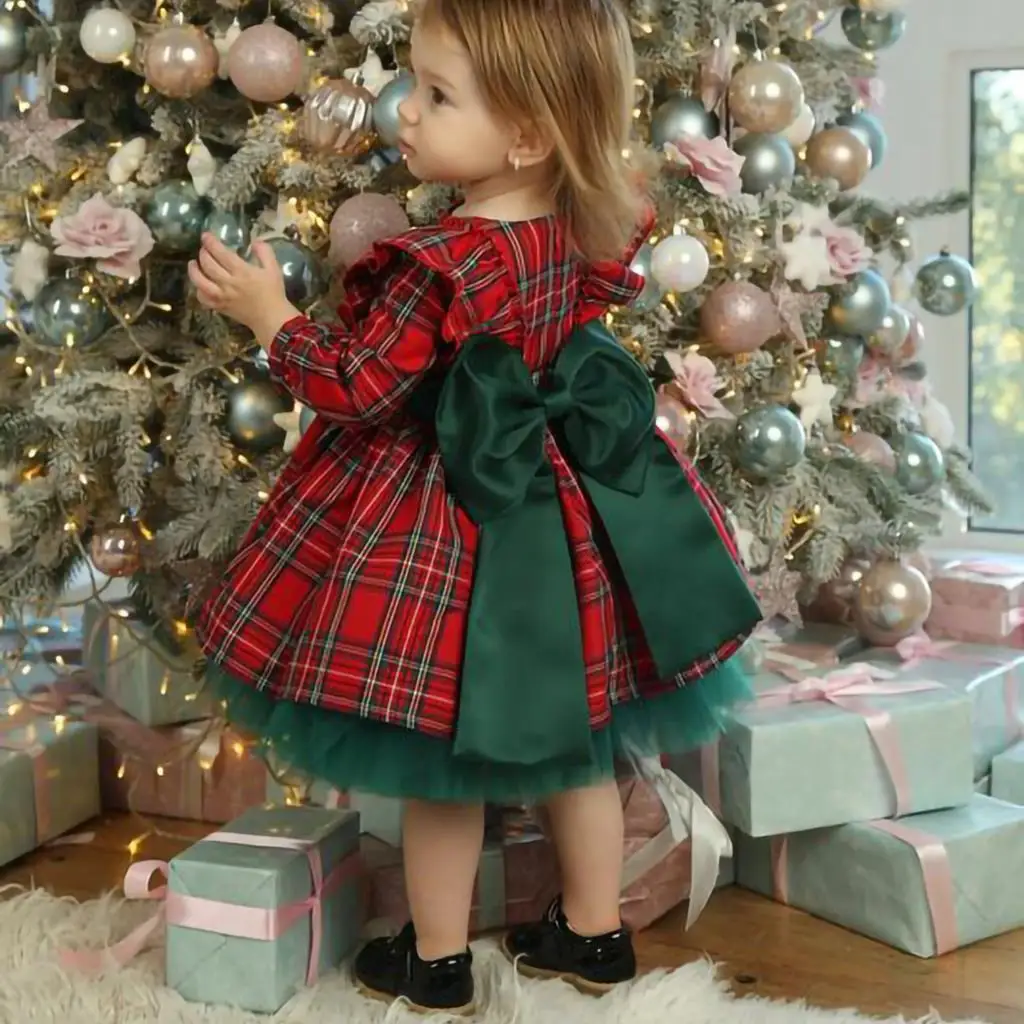 Xmas Costumes Tutu Party Dresses Newborn Christmas Dress Baby Girls Plaid Fly Sleeve Round Neck Mesh Patchwork Girls Baby