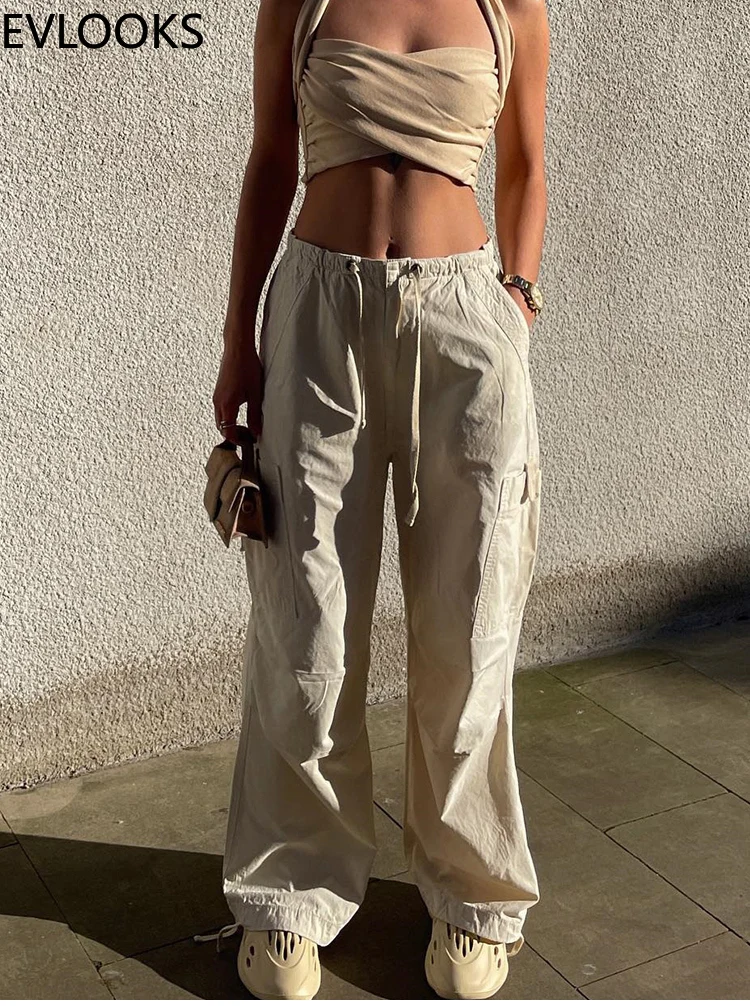 

EVLOOKS Vintage Parachute Pants Cargo Pants Women Streetwear Fashion Overalls Casual Baggy Pants Drawstring Low Waist Trousers