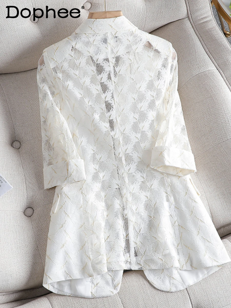 

White Lace Small Suit Jacket for Women 2022 New Summer Thin Sun Protection Clothing High-Grade Cotton Linen Suit Blazer Coat Top